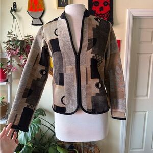Dressbarn Vintage Black and Tan Woven Patchwork Zip Up Jacket
